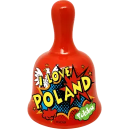 Bell shaped ceramic souvenir fridge magnet (BN) decorated with a high-temperature decal I love Poland