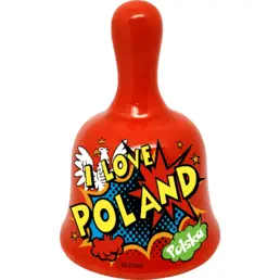 Magnete souvenir da frigo in ceramica a forma di campana (BN) decorato con una decalcomania ad alta temperatura Amo la Polonia