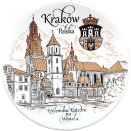 Ceramiczny magnes talerzyk 65mm (MP) zdobiony kalką Królewska katedra na Wawelu pamiątka z Krakowa