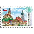 Dřevěný magnet ve tvaru poštovní známky s motivem města Český Krumlov. Detailní turistický suvenýr vhodný pro velkoobchodní distribuci B2B, CHK-DT-109.