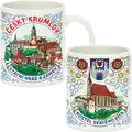Keramický hrnek o objemu 300 ml s motivem města Český Krumlov, zobrazující Státní hrad a zámek a Kostel svatého Víta. Turistický suvenýr pro velkoobchodní distribuci B2B, CHK-CF-025.