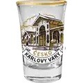 Skleněná čárka o objemu 50 ml s motivem kolonády v Karlových Varech, zdobená bronzovým lemem. Turistický suvenýr pro velkoobchodní distribuci B2B, CHK-WG-229.