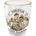 Skleněná čarka v bronzovém provedení o objemu 25 ml s motivem hradu Karlštejn. Turistický suvenýr pro velkoobchodní distribuci B2B, CHK-WG-176.
