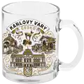 Skleněný hrnek o objemu 300 ml s motivy města Karlovy Vary, zdobený architektonickými památkami v bronzovém provedení. Turistický suvenýr vhodný pro velkoobchodní distribuci B2B, CHK-CG-057.