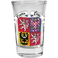 Skleněná panáková sklenice o objemu 50 ml s motivem státního znaku České republiky a nápisy „Czechia“ a „Česko“. Stylový turistický suvenýr pro velkoobchodní distribuci B2B, CHK-WG-198.