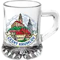 Skleněná číše 30 ml s motivem města Český Krumlov, detailně vyobrazený hrad a věž kostela. Stylový turistický suvenýr pro velkoobchodní distribuci B2B, CHK-WG-264.