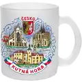 Matná skleněná hrnek o objemu 300 ml s barevným motivem města Kutná Hora. Dekorativní suvenýr pro velkoobchodní distribuci B2B, CHK-CP-040.