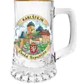 Skleněný pivní korbel o objemu 200 ml s motivem hradu Karlštejn a státním znakem České republiky. Stylový turistický suvenýr pro velkoobchodní distribuci B2B, CHK-G-078.