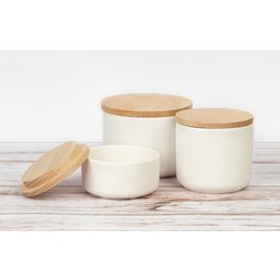 Keramikbehälter für Kerzen 100 ml, 200 ml, 300 ml Glasur „soft touch“ mit Holzdeckel