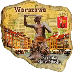 Magnes ceramiczny w kształcie mapy Polski drukowany (PP) Rynek Starego Miasta Pomnik Syrenka Kamieniczki