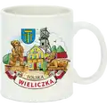 Ceramiczna filiżanka 300ml z kolorowym nadrukiem przedstawiającym kopalnię soli w Wieliczce i figurки górników, produkt turystyczny na sprzedaż hurtową B2B, POL-CF-089.