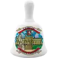 Ceramiczny magnes w kształcie dzwonka z motywem Zamku Lubelskiego w Lublinie. Stylowa pamiątka turystyczna i unikalny upominek regionalny, idealny do sprzedaży hurtowej B2B, POL-BN-011.