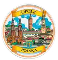 Ceramiczny magnes w kształcie talerza o średnicy 6,5 cm z kolorowym nadrukiem panorama miasta Opole z herbem – oryginalna pamiątka turystyczna i produkt na sprzedaż hurtową B2B, POL-MP-056.