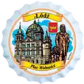 Ceramiczny magnes pamiątkowy w kształcie kapsla z kolorowym nadrukiem Plac Wolności w Łodzi – unikalna pamiątka turystyczna i produkt dla sprzedaży hurtowej B2B, POL-BC-366.