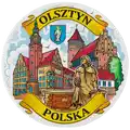 Ceramiczny talerz dekoracyjny 10 cm z kolorowym nadrukiem panorama miasta Olsztyn, ratusz, katedra i pomnik Mikołaja Kopernika – ekskluzywna pamiątka turystyczna i produkt na sprzedaż hurtową B2B, POL-MT-180.