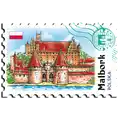 Drewniany magnes w formie znaczka pocztowego przedstawiający Zamek w Malborku, produkt turystyczny na sprzedaż hurtową B2B, POL-DT-149.