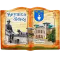 Drukowany magnes z polyresinu w formie otwartej książki z motywem Nikifora i Starego Domu Zdrojowego w Krynicy-Zdroju. Oryginalna pamiątka turystyczna dla hurtowej dystrybucji B2B, POL-PP-423.