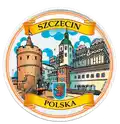 Kolorowy ceramiczny magnes talerzyk 6,5 cm Szczecin z herbem miasta i panoramą zabytków – pamiątka turystyczna Polska, produkt na sprzedaż hurtową B2B, POL-MP-054.