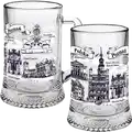 Kufel szklany 500 ml Poznań w kolorze srebra z panoramą miasta, ratuszem i koziołkami – elegancka pamiątka turystyczna hurtowo B2B, POL-G-209