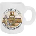 Ceramiczny magnes w formie filiżanki z kolorowym nadrukiem przedstawiającym Zamek Lubelski i pomnik lwa w Lublinie. Oryginalna pamiątka turystyczna, idealna do sprzedaży hurtowej B2B, POL-PN-118.