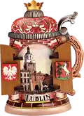 Drewniany magnes 3D w kształcie piwnego kufla z ruchomymi elementami i herbem miasta Lublin. Oryginalna pamiątka turystyczna z Polski, POL-DSM-605.