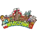 Magnes drewniany 3D Warszawa z kolorową panoramą miasta i symbolami stolicy – pamiątka turystyczna hurtowo B2B, POL-DS-488