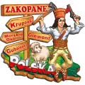 Magnes drewniany 3D Zakopane z góralem, owcą i kierunkowskazami Krupówki, Giewont, Morskie Oko, Gubałówka – regionalna pamiątka turystyczna hurtowo B2B, POL-DS-342-1