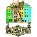 Magnes metalowy z podwieszką Warszawa przedstawiający Syrenkę i kolorowe kamienice Starego Miasta – elegancka pamiątka turystyczna hurtowo B2B, POL-MM-281