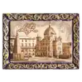 Magnes z polirezyny w formie obrazu przedstawiający panoramę miasta Łódź z architekturą w stylu retro – elegancka pamiątka turystyczna i produkt hurtowy B2B, POL-PP-264.