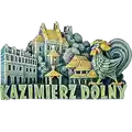 Magnes z poliresinu ręcznie malowany z motywem koguta i architektury miasta Kazimierz Dolny. Unikalna pamiątka turystyczna dla hurtowej dystrybucji B2B, POL-P-1312.