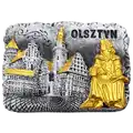 Magnes z polirezyny ręcznie malowany przedstawiający panoramę miasta Olsztyn z charakterystycznymi zabytkami i złoconą figurą Mikołaja Kopernika – unikalna pamiątka turystyczna, produkt na sprzedaż hurtową B2B, POL-P-1637-2.