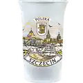 Matowa szklana kieliszek 50 ml z nadrukiem panoramy Szczecina, statkiem i herbem miasta w brązach – elegancka pamiątka turystyczna i produkt hurtowy B2B, POL-WG-1660.