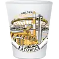 Matowy szklany kieliszek 50 ml z brązowym nadrukiem panorama miasta Katowice ze Spodkiem, Kopalnią Wujek i pomnikiem – oryginalna pamiątka turystyczna i produkt na sprzedaż hurtową B2B, POL-WG-1693.