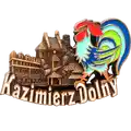 Metalowy magnes Kazimierz Dolny z kolorowym kogutem i panoramą zabytkowych kamienic – oryginalna pamiątka turystyczna dla dystrybucji hurtowej B2B, POL-MM-289.