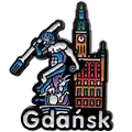 Metalowy znaczek z czarnego metalu z kolorowym motywem Neptuna i Ratusza Głównego w Gdańsku. Pamiątkowy gadżet turystyczny dla hurtowni i sklepów z upominkami, POL-ZN-004-2.