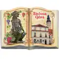 Polierezinowy drukowany magnes w formie otwartej książki przedstawiający ratusz w Zielonej Górze oraz pomnik Bachusa ozdobiony winogronami, produkt turystyczny na sprzedaż hurtową B2B, POL-PP-650.