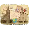Poliurezinowy drukowany magnes w formie kamienia z motywem miasta Opole – panorama z Wieżą Piastowską i Ratuszem, ozdobiony detalami w stylu retro – oryginalna pamiątka turystyczna i produkt na sprzedaż hurtową B2B, POL-PP-360.