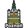 Metalowa przypinka z czarnego metalu Poznań – kolorowy design ratusza i symboli miasta – nowoczesna pamiątka turystyczna i produkt na sprzedaż hurtową B2B, POL-ZN-008-2.