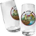 Szklany stakan 300ml z kolorowym nadrukiem przedstawiającym panoramę Łeby z żaglowcem na wodzie oraz zamkiem w tle, produkt turystyczny na sprzedaż hurtową B2B, POL-GG-217.
