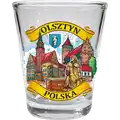 Szklana charoczka 50 ml z kolorowym nadrukiem panorama miasta Olsztyn, herbem oraz napisem Polska – unikalna pamiątka turystyczna i produkt przeznaczony do sprzedaży hurtowej B2B, POL-WG-1976.