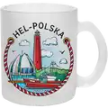 Szklana matowa filiżanka 300 ml z nadrukiem Hel – latarnia morska, statek, morze i lina cumownicza w ramce, produkt turystyczny na sprzedaż hurtową B2B, POL-CP-130.