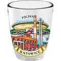 Szklany kieliszek 25 ml z kolorowym nadrukiem panorama miasta Katowice – Spodek, Kopalnia Wujek i Pomnik Powstańców Śląskich – oryginalna pamiątka turystyczna i produkt na sprzedaż hurtową B2B, POL-WG-1706.
