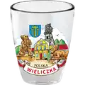 Szklany kieliszek 25ml z kolorowym nadrukiem przedstawiającym kopalnię soli i figurki górników w Wieliczce, produkt turystyczny na sprzedaż hurtową B2B, POL-WG-2400.