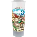 Szklany kieliszek matowy 50 ml z barwnym nadrukiem panorama miasta Rzeszów i herbem – elegancka pamiątka turystyczna oraz produkt na sprzedaż hurtową B2B, POL-WG-1538.