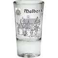 Szklany kieliszek 28 ml z nadrukiem w kolorze srebrnym przedstawiającym Zamek Krzyżacki w Malborku, produkt turystyczny na sprzedaż hurtową B2B, POL-WG-926.