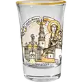 Szklany kieliszek 50 ml z złotym obwódką i brązowym nadrukiem przedstawiającym Jasną Górę i obraz Matki Bożej Częstochowskiej – pamiątka turystyczna z Częstochowy, produkt hurtowy B2B, POL-WG-1619.