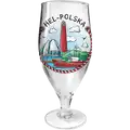 Szklany kufel do piwa 450 ml Hel z kolorowym nadrukiem przedstawiającym latarnię morską, nowoczesny pawilon portowy, statek oraz linę cumowniczą w okręgu – produkt turystyczny na sprzedaż hurtową B2B, POL-G-606.