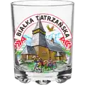 Szklany szklanka 250ml z kolorowym nadrukiem przedstawiającym drewniany kościół i konny zaprzęg w Białce Tatrzańskiej, produkt turystyczny na sprzedaż hurtową B2B, POL-GG-291.