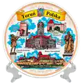 Talerz ceramiczny ścienny 20 cm Toruń z panoramą miasta, ratuszem, Krzywą Wieżą i pomnikiem Kopernika – elegancka pamiątka turystyczna hurtowo B2B, POL-MT-030