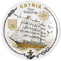 Talerz ceramiczny magnetyczny 6,5 cm Gdynia w kolorze brązu z żaglowcem Dar Pomorza i motywami marynistycznymi – morska pamiątka turystyczna hurtowo B2B, POL-MP-099
